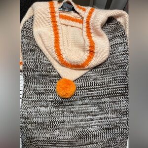 Brown and white tweed Pet Sweater and cream hood and sleeves with orange 
XLg